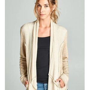 Waffle thermal long sleeve, open front,raw edge cardigan. Color is oatmeal.small